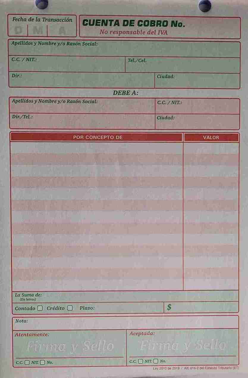 Cuenta cobro minerva (25-17A) (20x14cm) vertical  X unidad