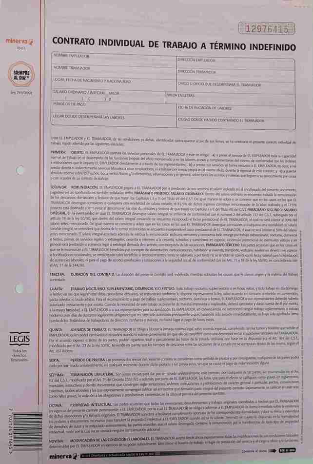 Contrato individual de trabajo a termino indefinido