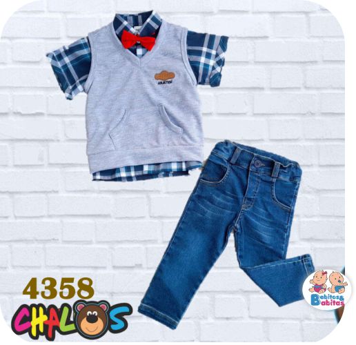 CONJUNTO CHALO CHALECO JEAN CUADROS 4358