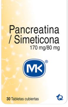 PANCREATINA + SIMETICONA 170mg/80mg FRASCO X 30 TABLETAS RECUBIERTAS MK