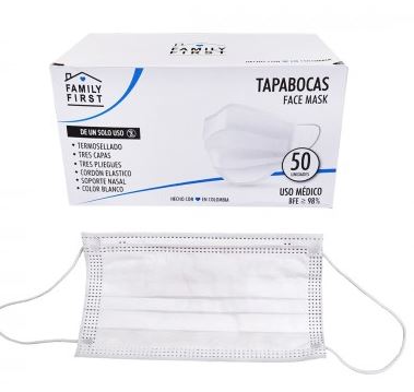 TAPABOCAS DESECHABLE BLANCO 3 PLIEG CAJA X 50 UNIDADES FAMILY FIRST