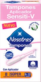 TAMPONES SUPER NOSOTRAS SENSITI V CON APLICADOR X 8 UNIDADES
