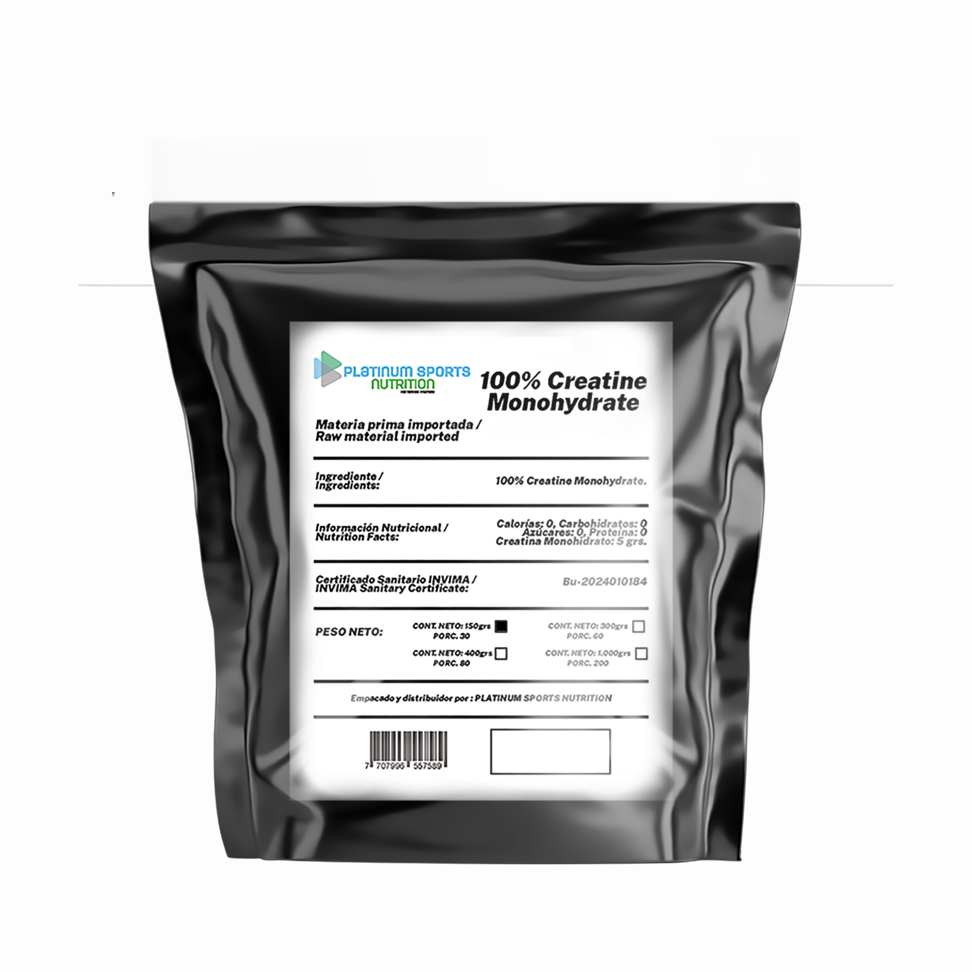 Creatine Monohydrate 150 grs - 30 Servicios  PLATINUM SPORTS