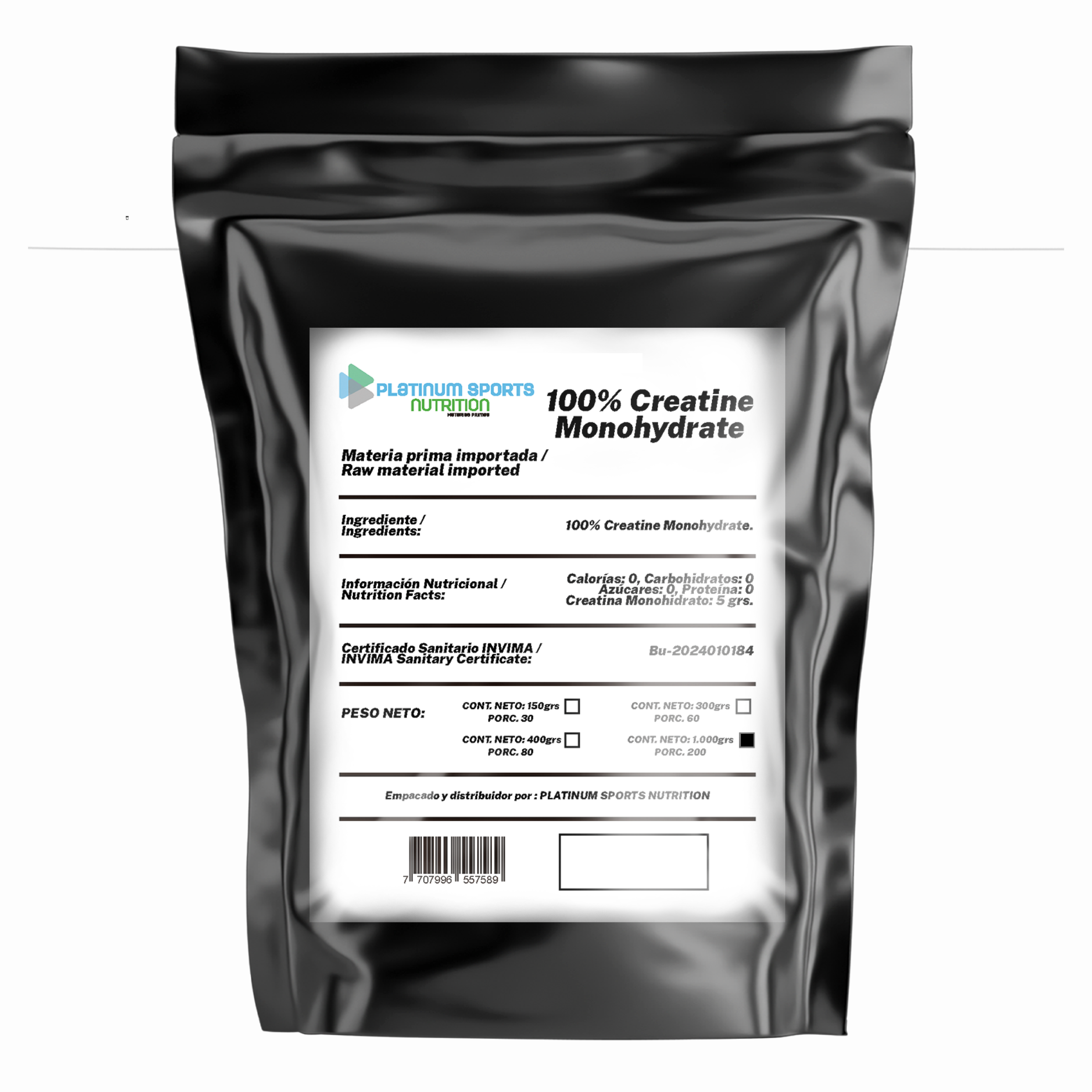 Creatine Monohydrate 1.000 grs - 200 Servicios PLATINUM SPORTS