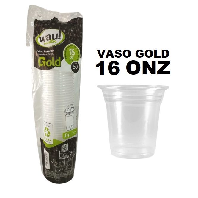 Vaso 16onz Pet Cristal x 50und Gold	