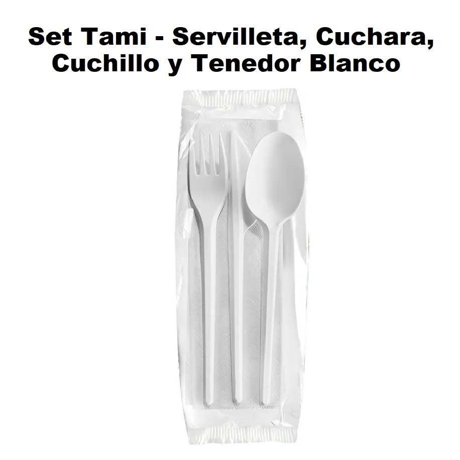 Set de Servilleta, Tenedor, Cuchillo y Cuchara Blanco Tami