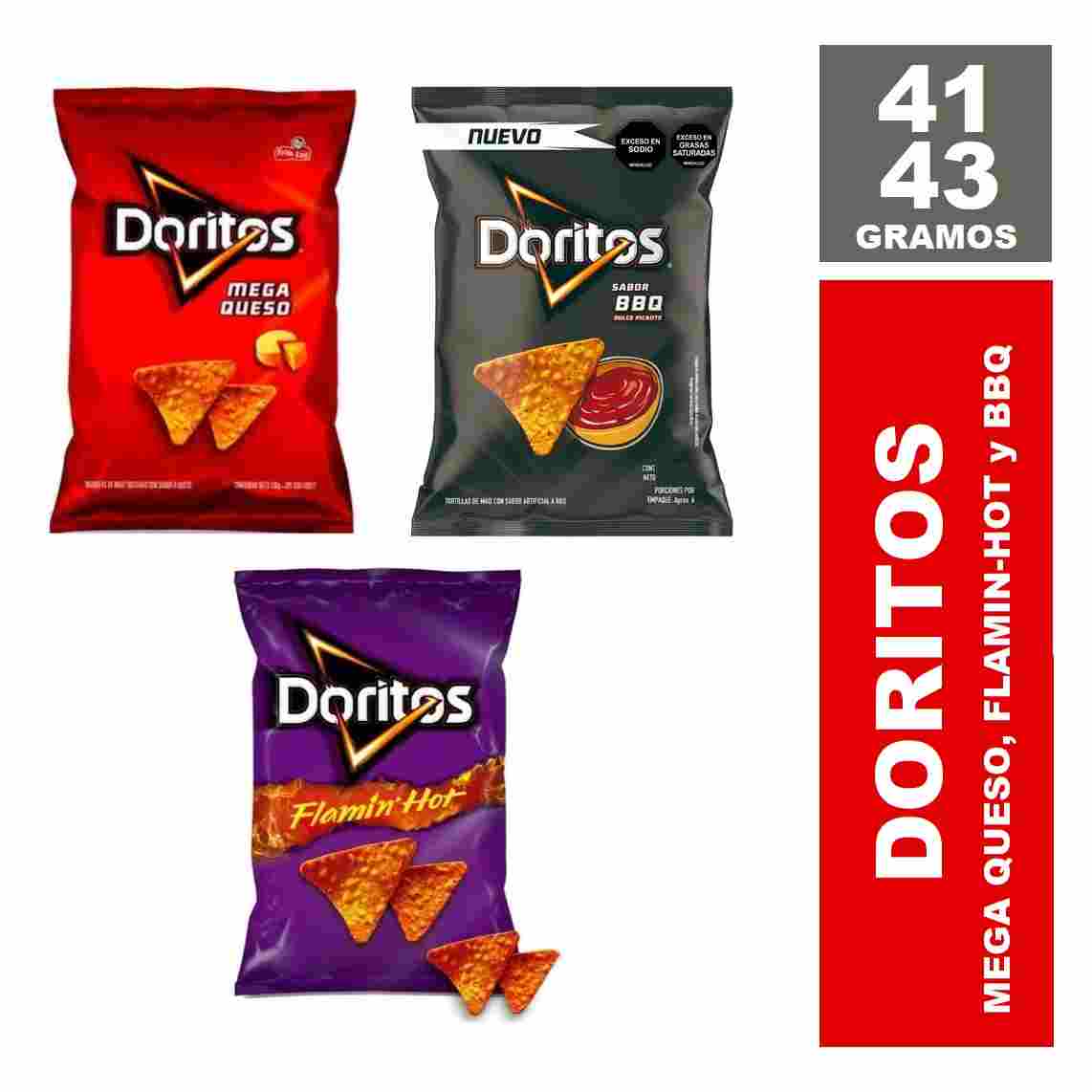 Doritos 41gr y 43gr Pequeño Mega Queso, Flamin-Hot y BBQ