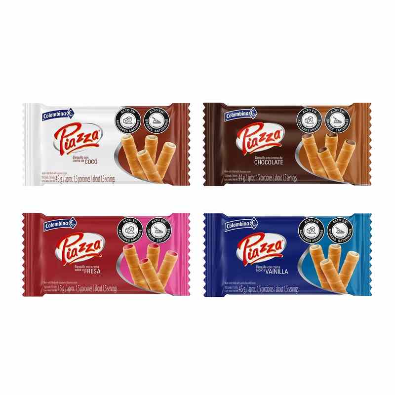 Barquillo Piazza Bandeja Fresa/Chocolate/Vainilla/Arequipe 45gr