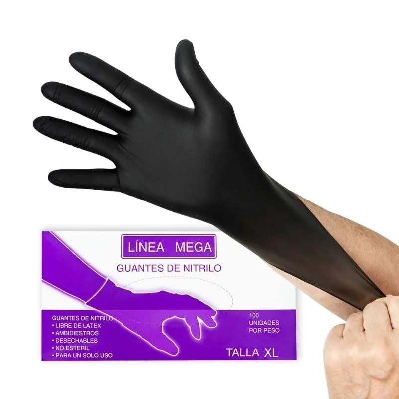 Guantes Nitrilo Negro Linea Mega 100und Talla XL