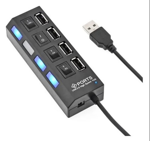  MINI HUB 4 PUERTOS USB 2.0  CON INTERRUPTOR Y LED