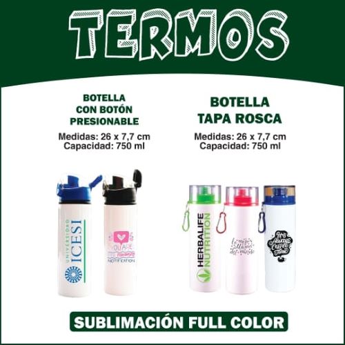 TERMOS ALUMINIO BOTÓN PRECIONABLE Y TAPA ROSCA
