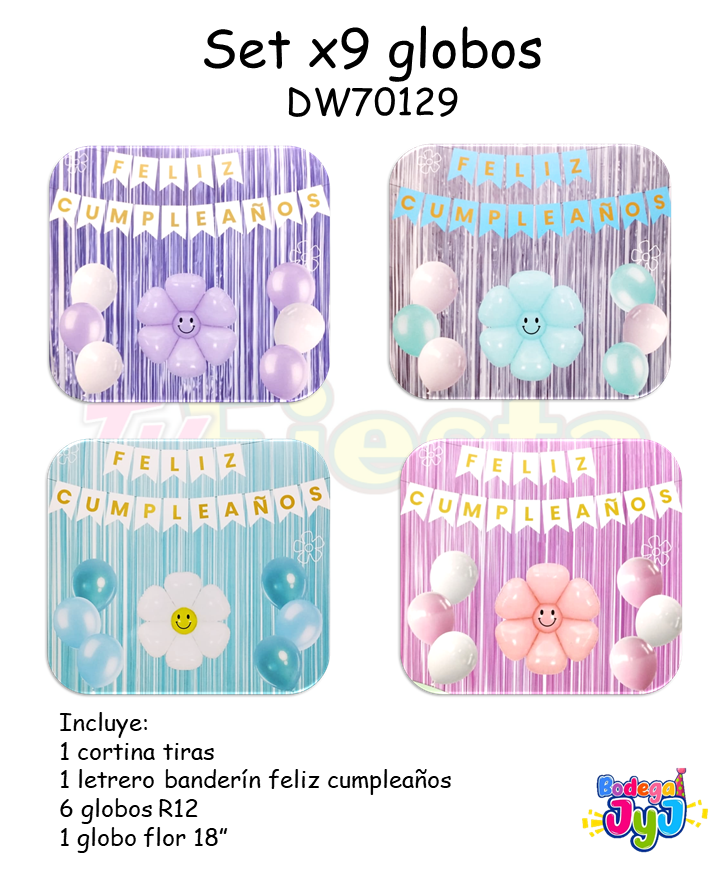 SET GLOBOS X9 CON CORTINA PASTEL Y FLOR DW70129