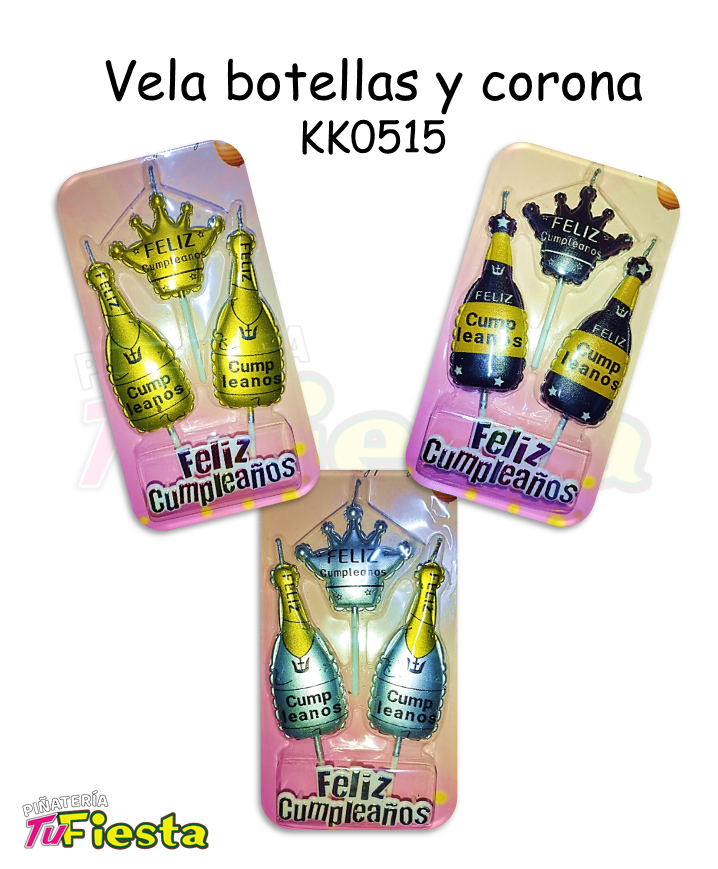 VELA FELIZ CUMPLEAÑOS BOTELLAS Y CORONA KK0515