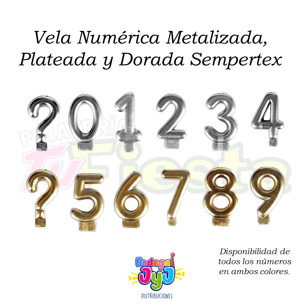 VELA NUMÉRICA METALIZADA, PLATEADA Y DORADA SEMPERTEX