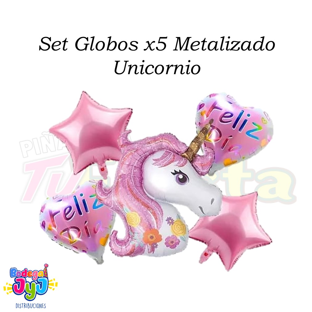 SET GLOBOS X5 METALIZADO UNICORNIO