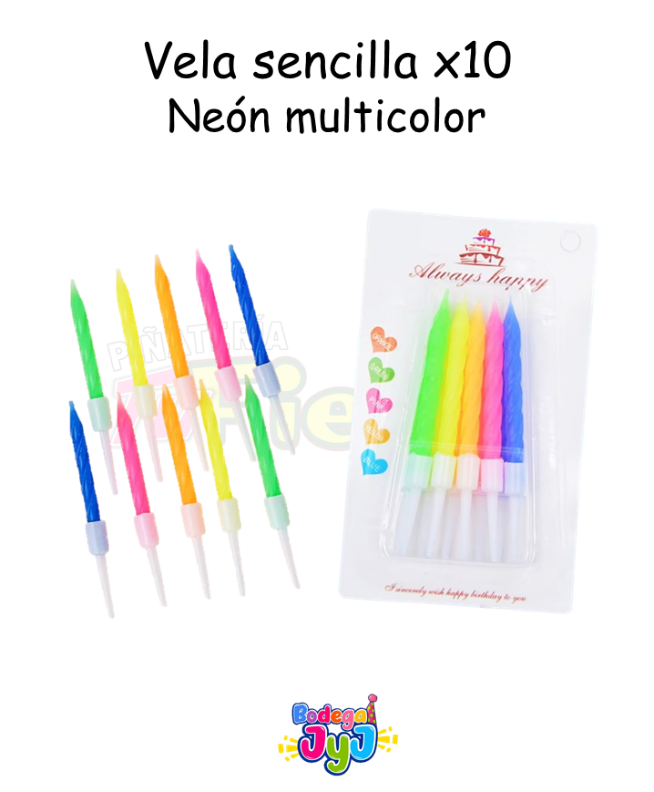 VELA SENCILLA X10 NEON MULTICOLOR SL-093