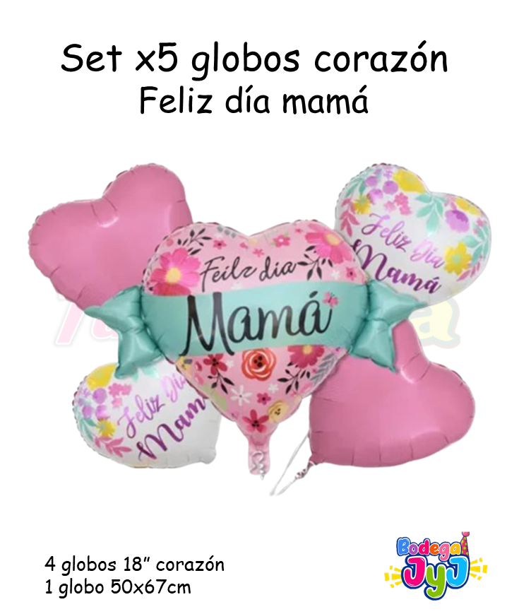 SET GLOBOS X5 FELIZ DIA MAMA CORAZON GRANDE