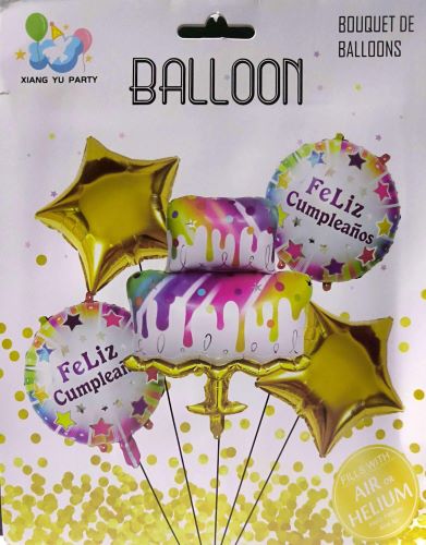 SET GLOBOS X5 TORTA FELIZ CUMPLEAÑOS