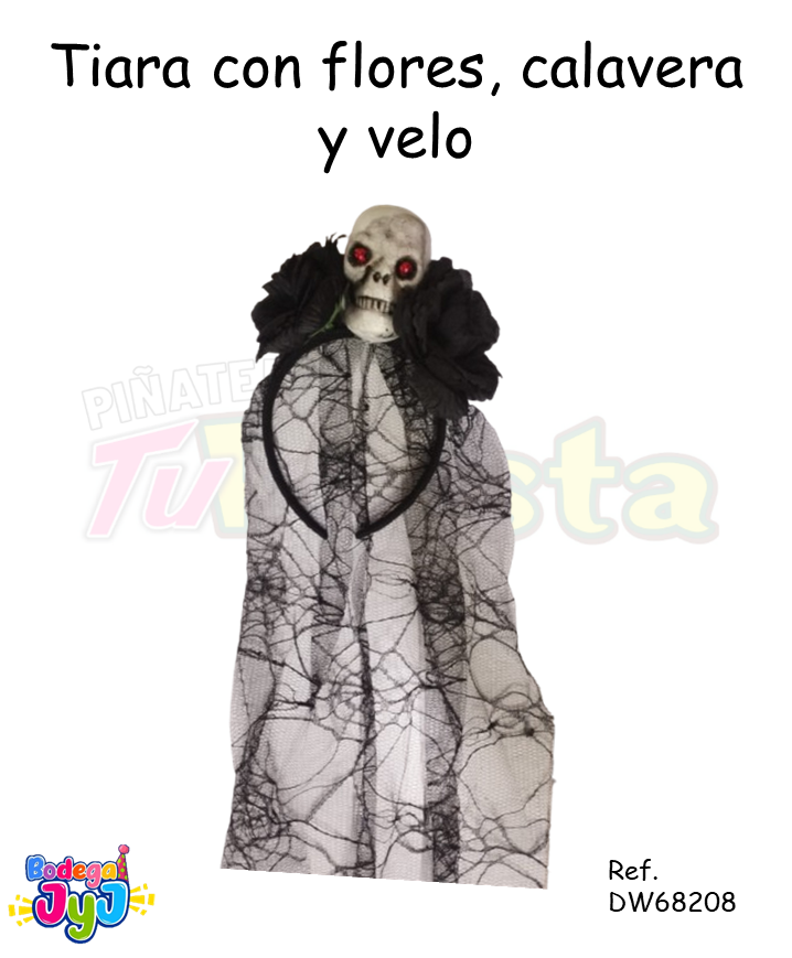 TIARA VELO CON CALAVERA Y FLORES NEGRAS DW68208
