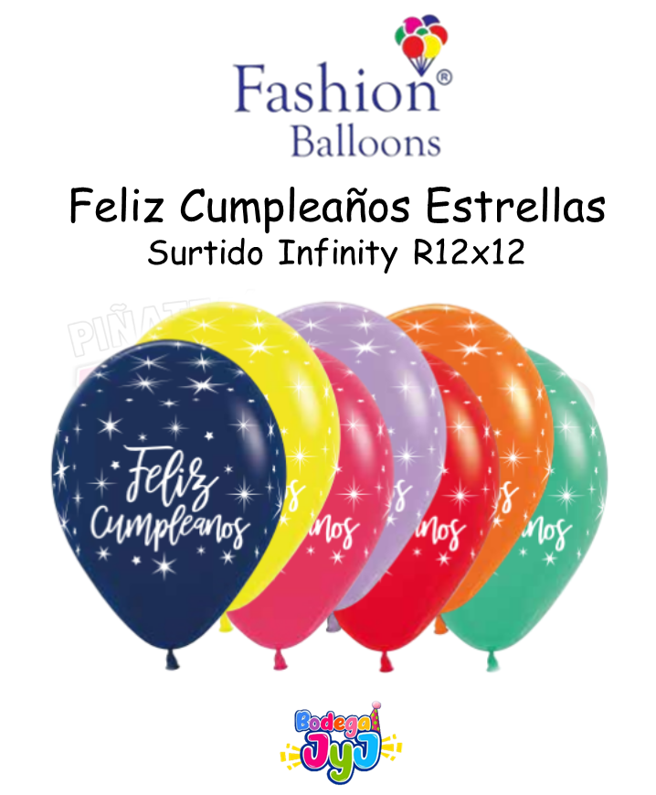 GLOBO INFINITY R12 X12 FELIZ CUMPLEAÑOS ESTRELLAS SURTIDO FASHION BALLONS