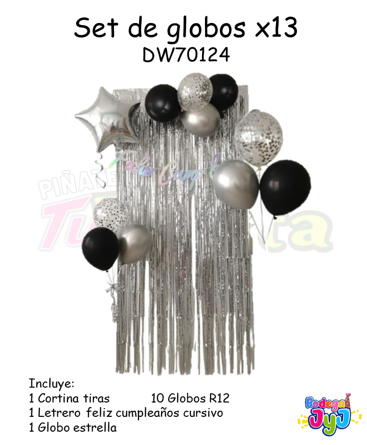 SET GLOBOS X13 PLATA CON CORTINA Y CUMPLEAÑOS CURSIVO DW70124