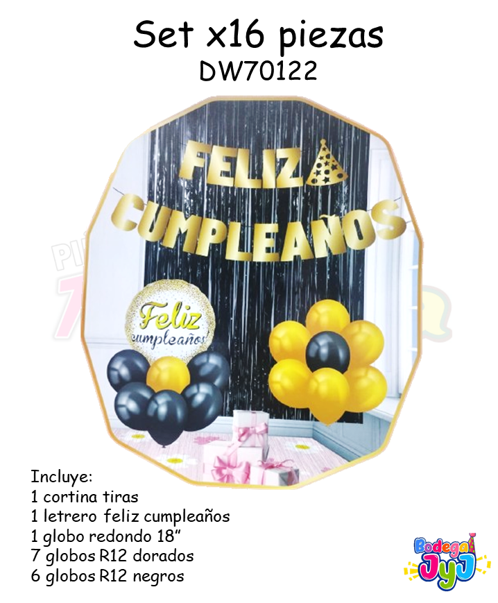 SET GLOBOS X16 CON CORTINA NEGRA Y CUMPLEAÑOS DW70122