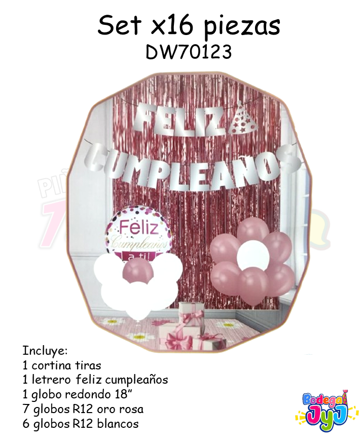 SET GLOBOS X16 CON CORTINA ORO ROSA Y CUMPLEAÑOS DW70123