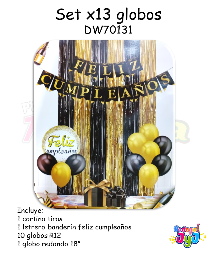 SET GLOBOS X13 CON CORTINA BICOLOR NEGRA Y DORADO CON CUMPLEAÑOS DW70131