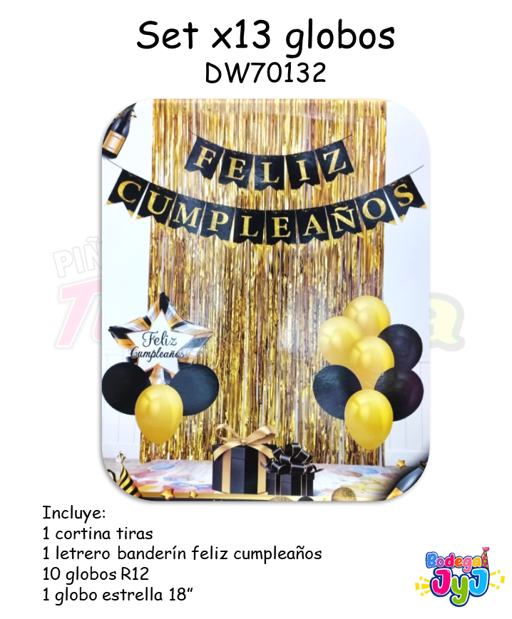 SET GLOBOS X13 CON CORTINA DORADA Y CUMPLEAÑOS DW70132