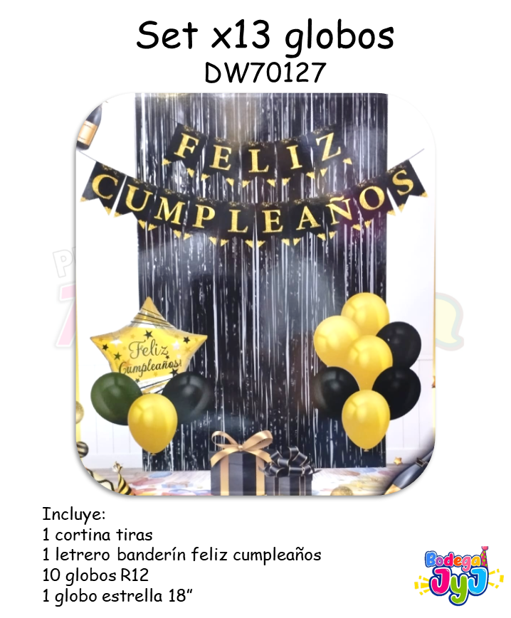 SET DE GLOBOS X13 CON CORTINA NEGRA Y CUMPLEAÑOS DW70127