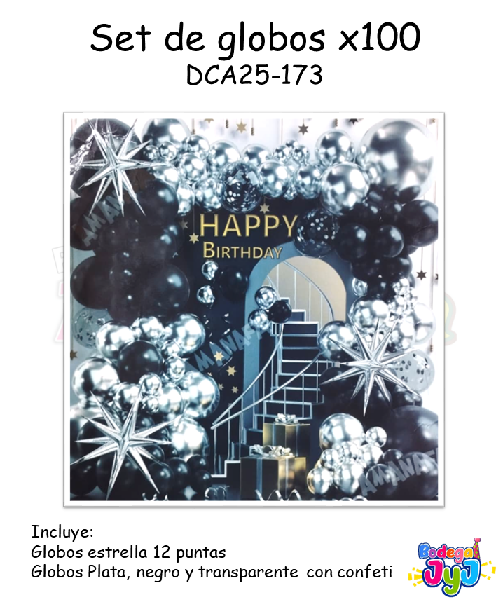 SET DE GLOBOS X100 CON ESTRELLA 12 PUNTAS PLATA Y NEGRO DCA25-173