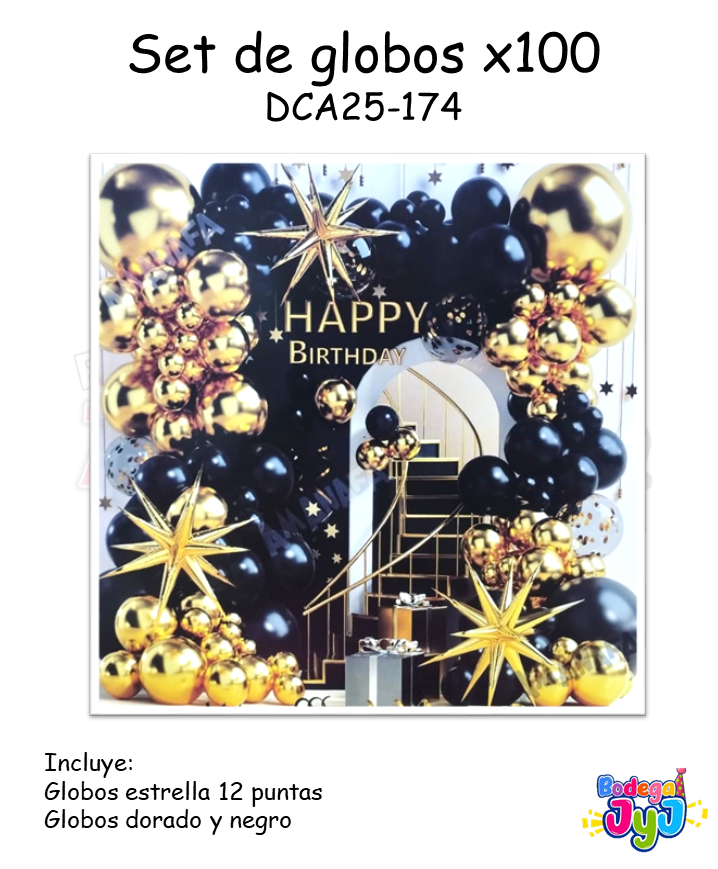 SET DE GLOBOS X100 CON ESTRELLA 12 PUNTAS - DORADO Y NEGRO DCA25-174
