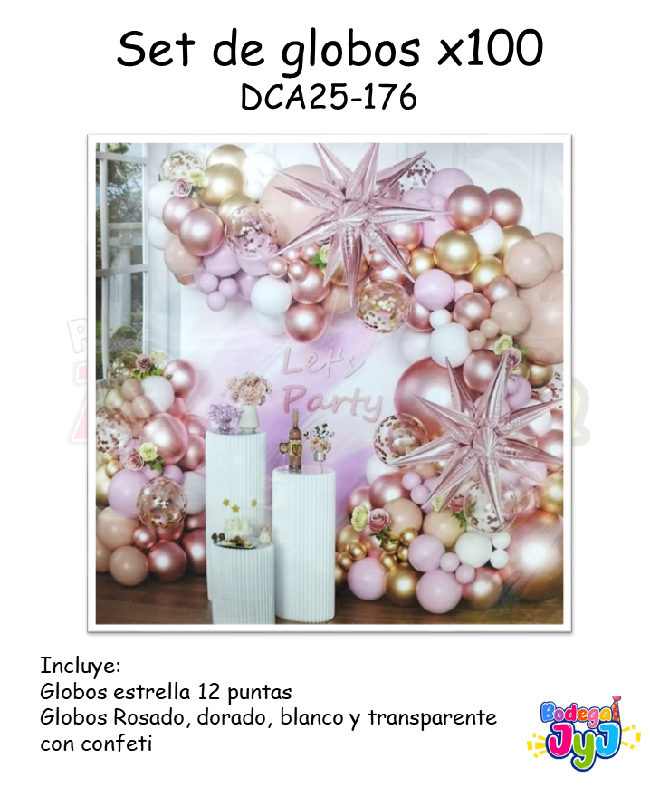 SET DE GLOBOS X100 CON ESTRELLA 12 PUNTAS - TONOS ROSA Y DORADO DCA25-176
