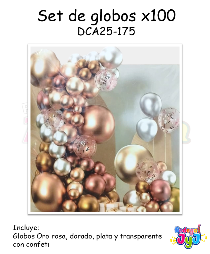 SET DE GLOBOS X100 CON ORO ROSA, DORADO Y PLATA DCA25-175
