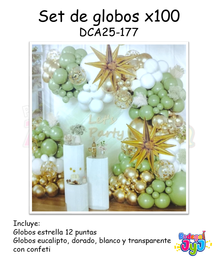 SET DE GLOBOS X100 CON ESTRELLA 12 PUNTAS - EUCALIPTO, DORADO Y BLANCO DCA25-177