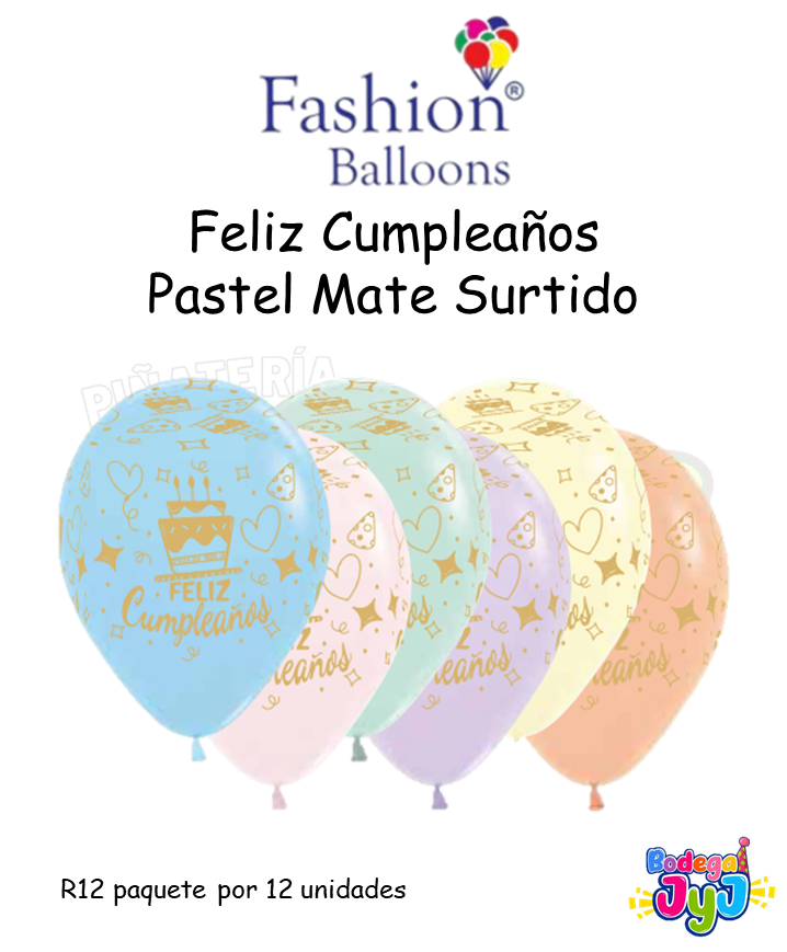 GLOBO INFINITY R12 X12 FELIZ CUMPLEAÑOS PASTEL MATE SURTIDO FASHION BALLONS