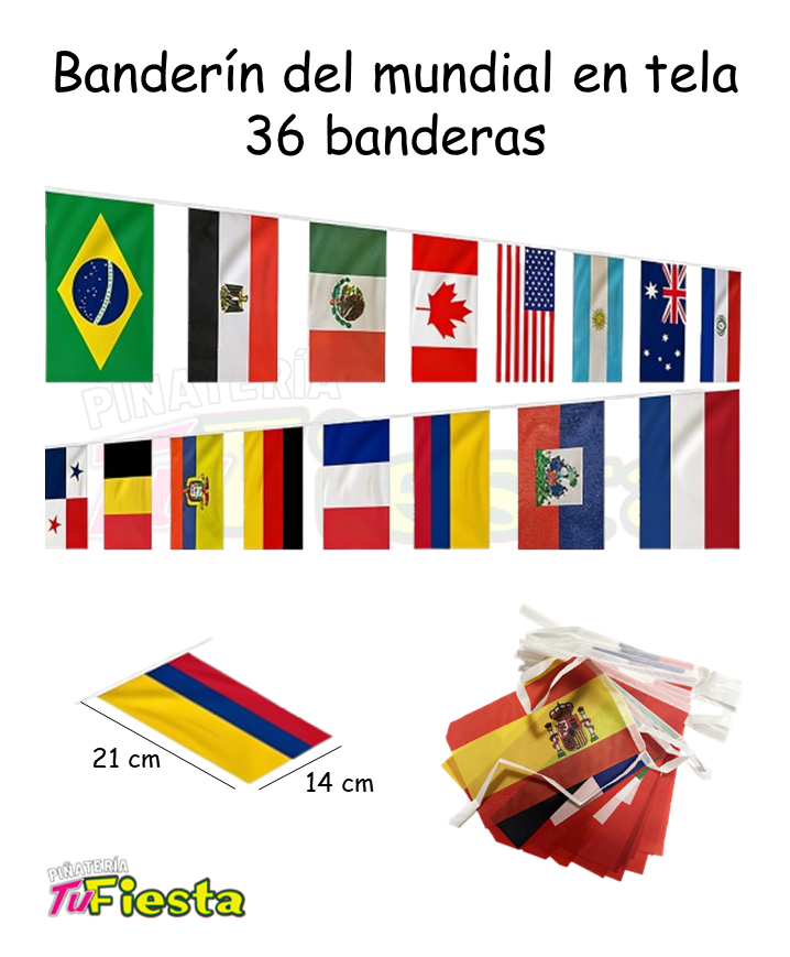BANDERIN DEL MUNDIAL EN TELA 10.8 MT 36 BANDERAS