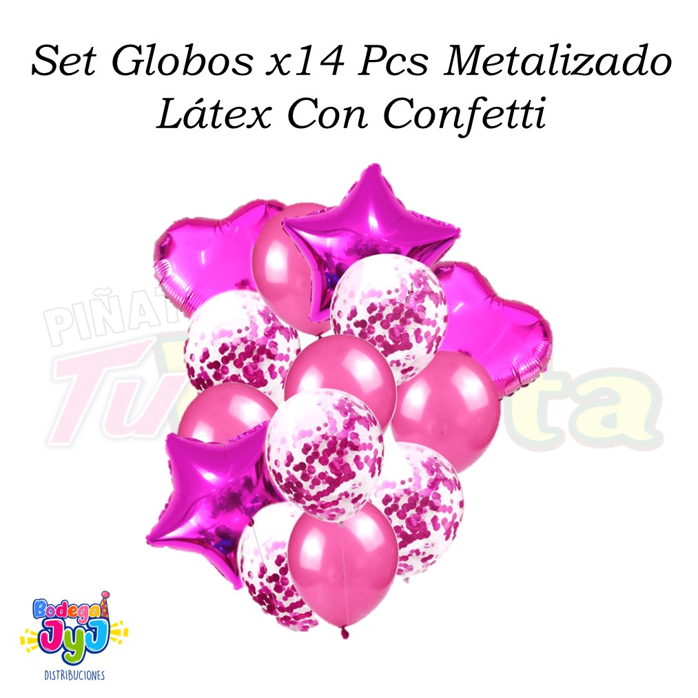 SET GLOBOS X14 PCS METALIZADO Y LÁTEX CON CONFETI