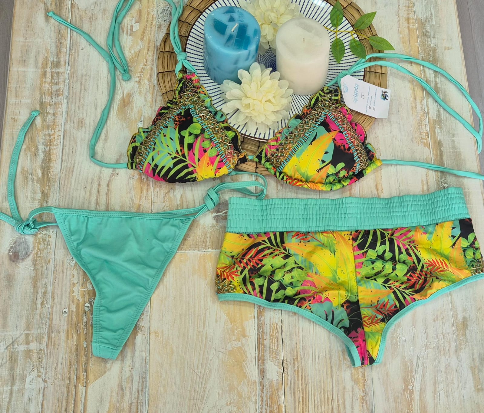 Set 3 piezas bordado azul