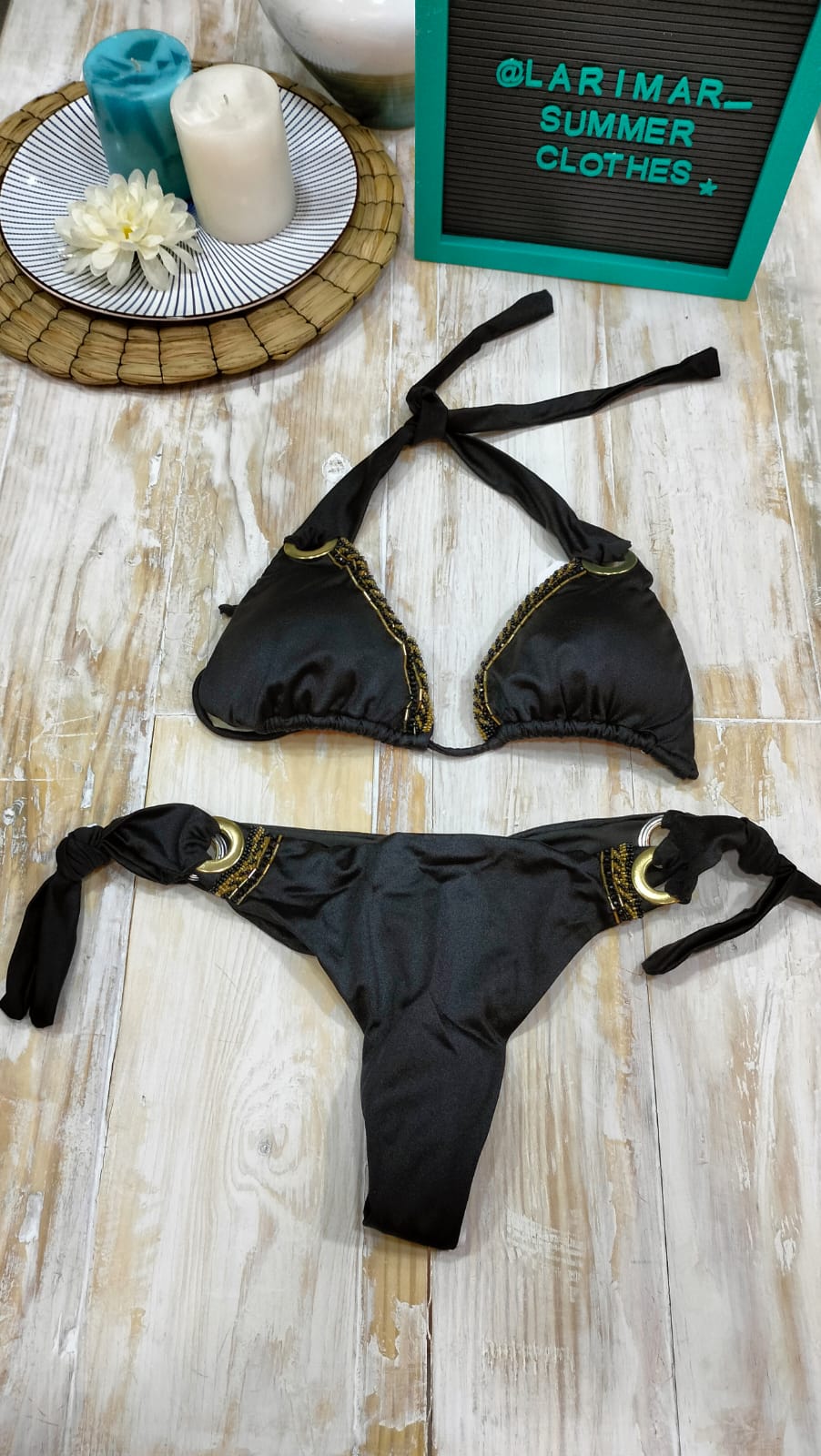 Bikini negro tiras argolla