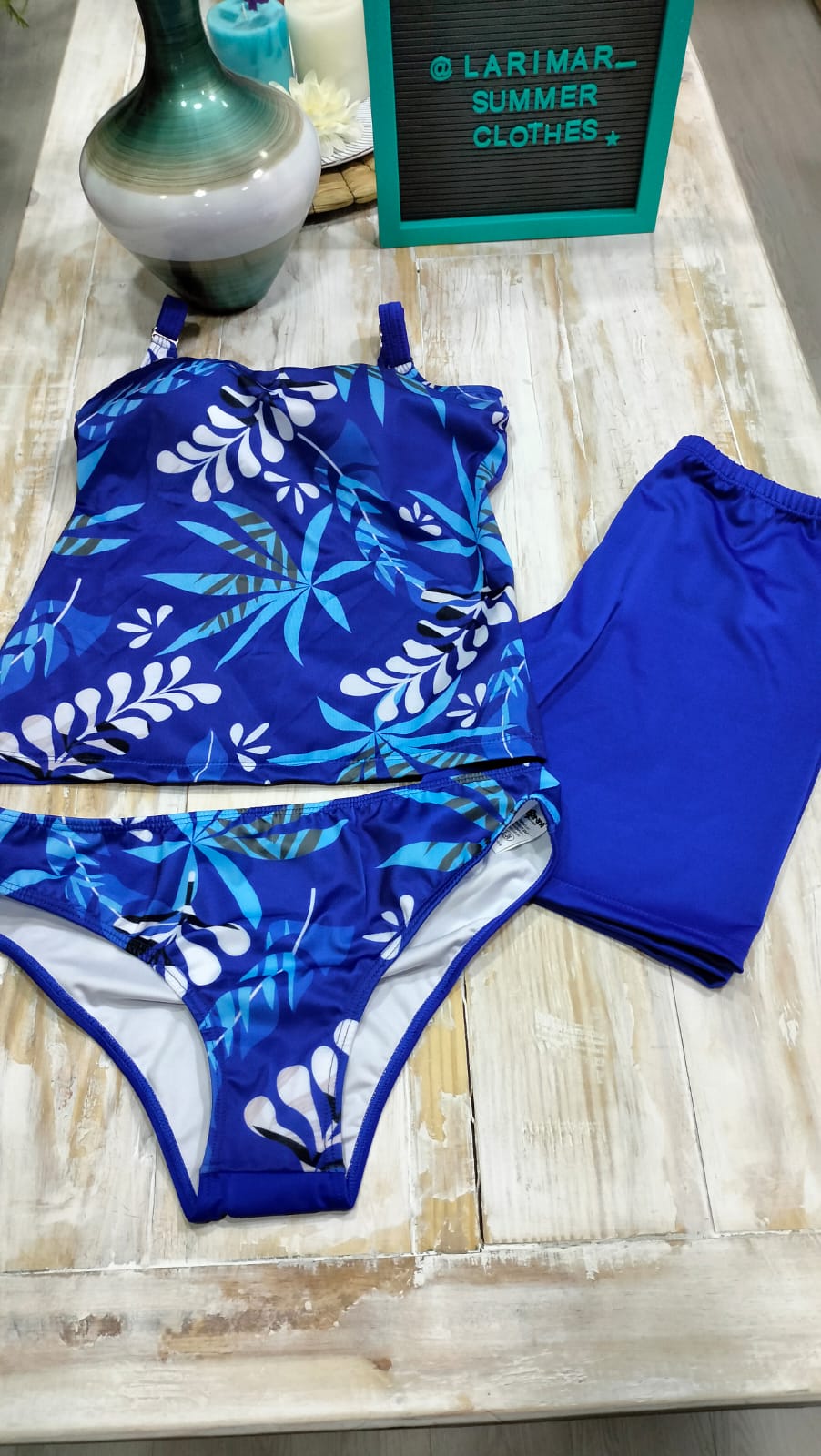 Bikini pantaloneta + tanga + camisa esqueleto hojas azul oscuro