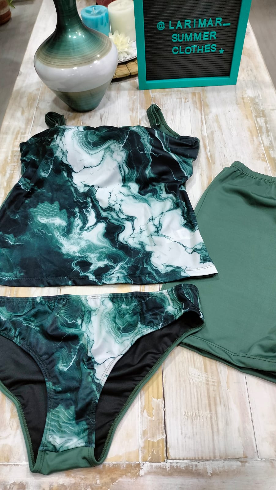 Bikini pantaloneta + tanga + camisa esqueleto degrade verde militar