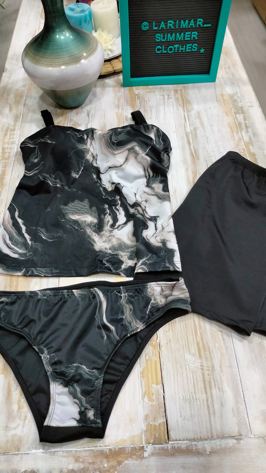 Bikini pantaloneta + tanga + camisa esqueleto degrade negro