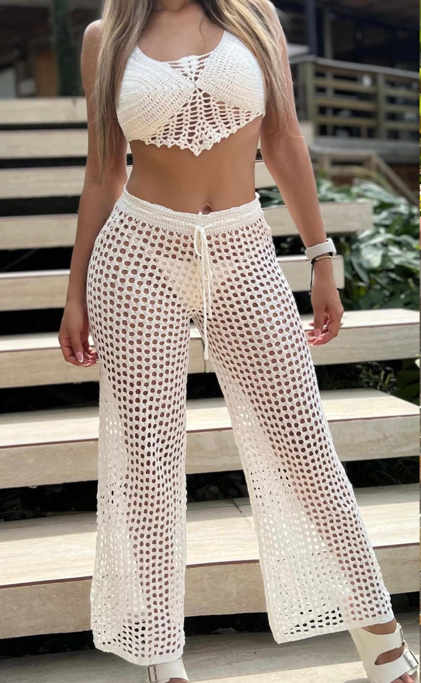 Set pantalon + top triangulo conchas tejido