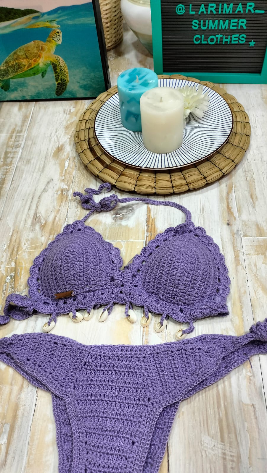 Bikini tejido crochet decorado conchas