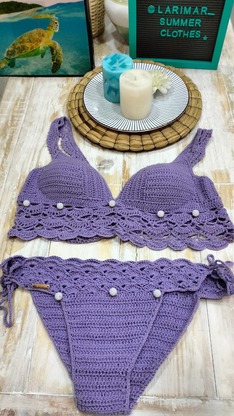 Bikini tejido crochet decorado perlas