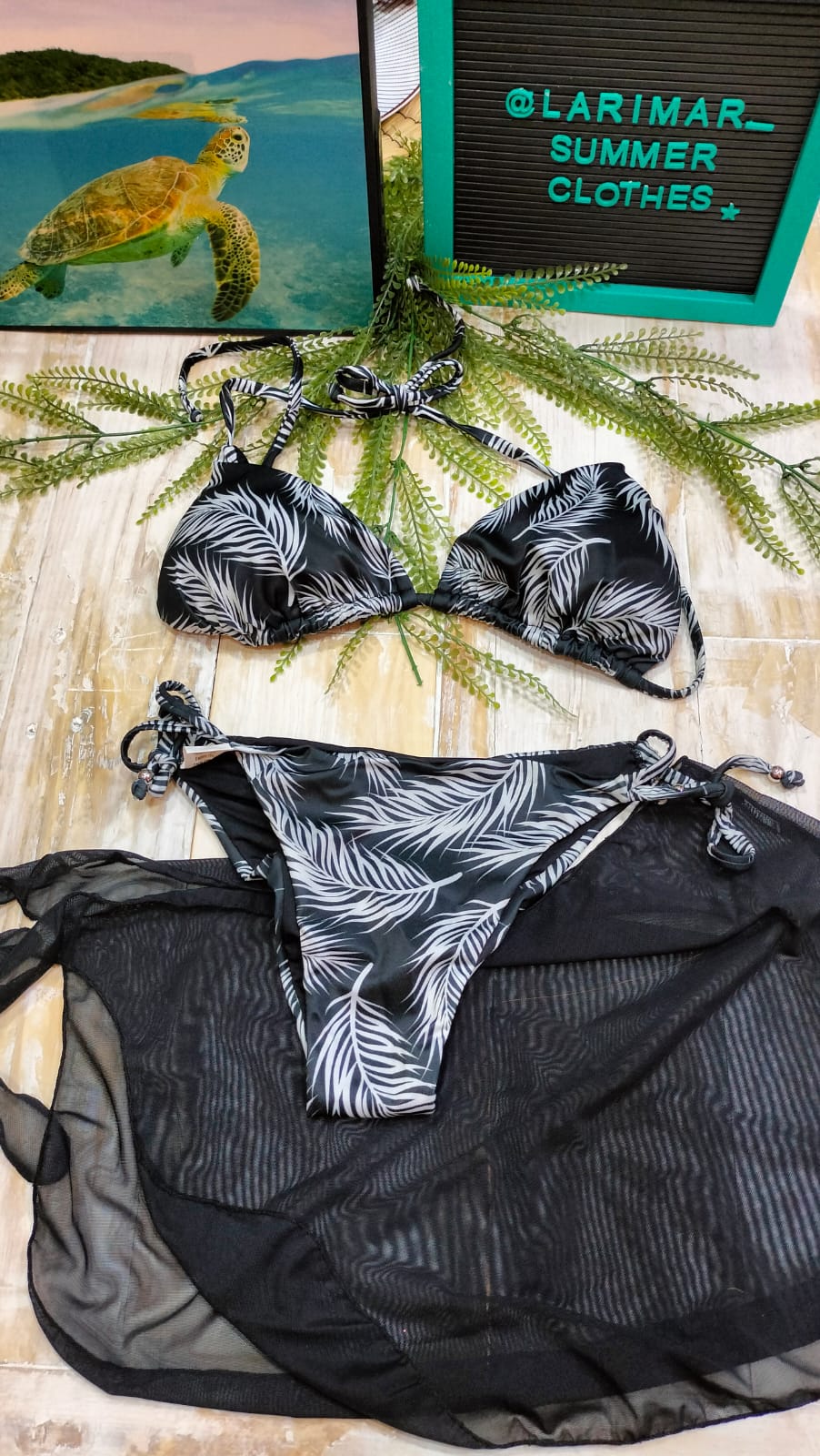 Bikini estampado hojas panty ajustable + pareo