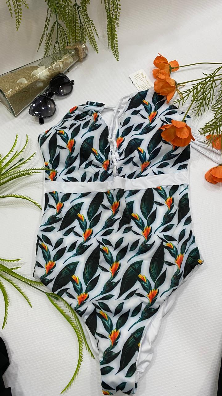 enterizo sesgo estampado blanco hojas