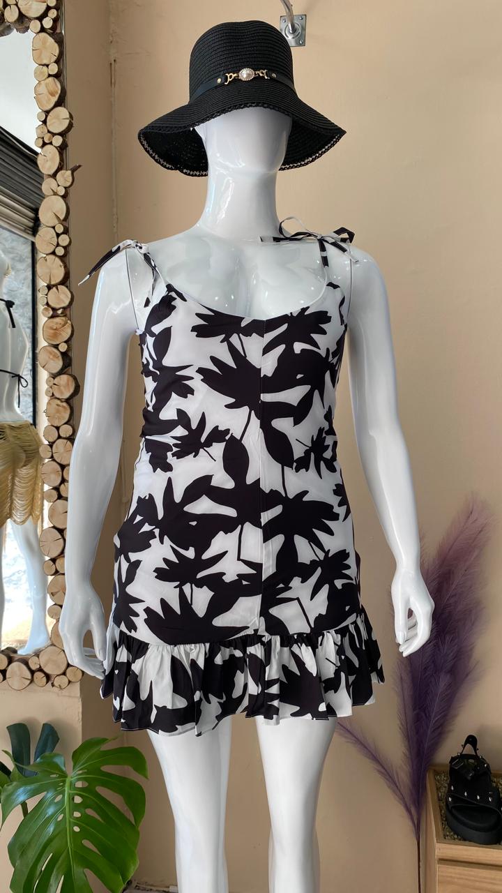 vestido talego negro hojas blancas