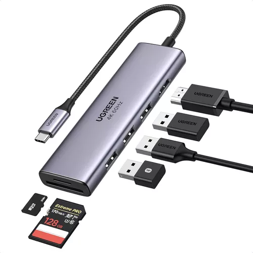 UGREEN HUB USB C, ADAPTADOR USB C 6 EN 1,4K HDMI, 3 PUERTOS USB 3.0, LECTOR DE TARJETAS SD/TF